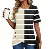 Women's Short Sleeve T Shirt Geometric Print Button Detail Round Neck Casual Top Lightweight Soft Fabric Blouse