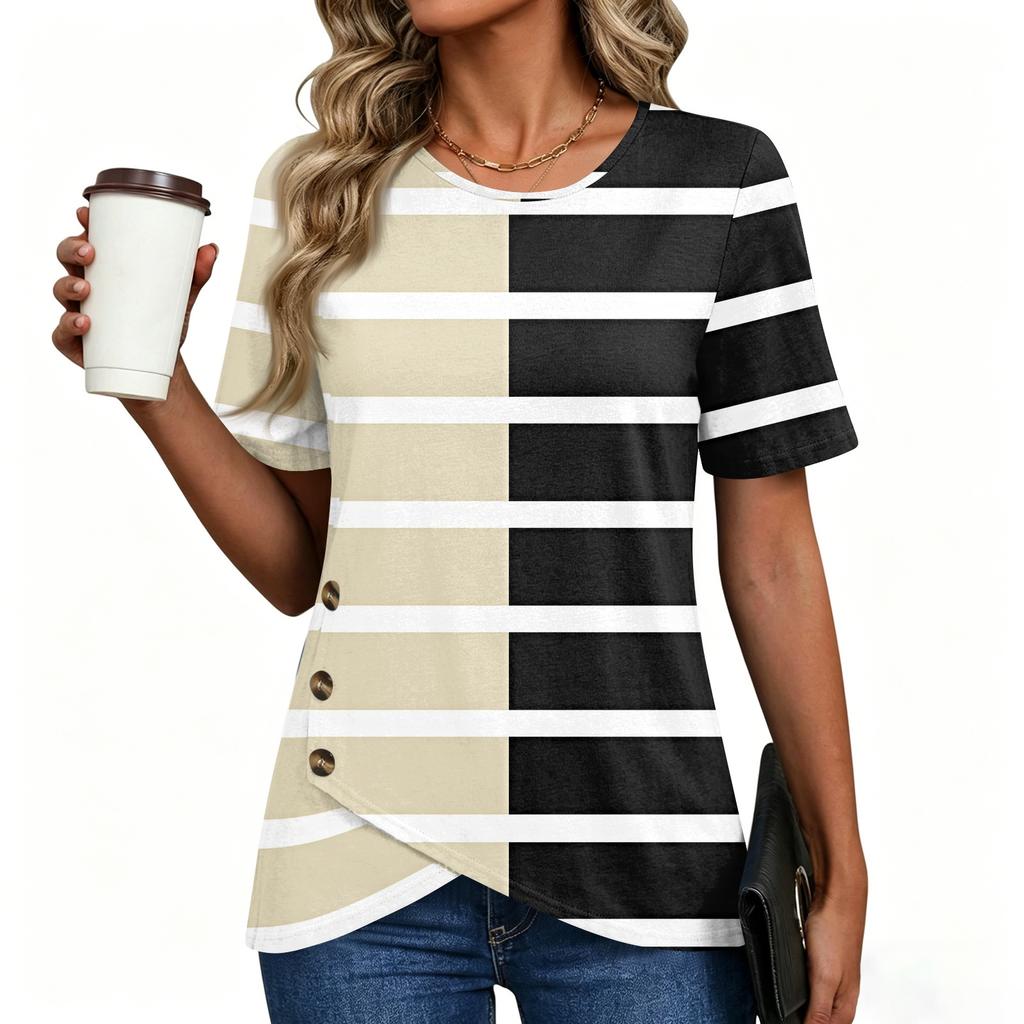 Women's Short Sleeve T Shirt Geometric Print Button Detail Round Neck Casual Top Lightweight Soft Fabric Blouse