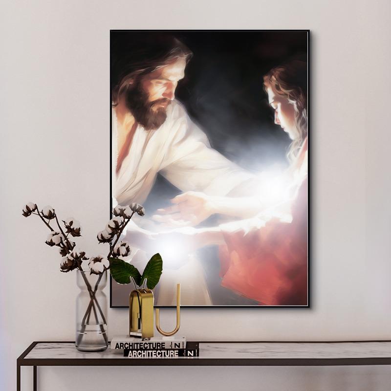 Lamb of God and Cross Scared Heart of Jesus Poster Christian Religion Canvas Painting Wall Art  Picture for Room Home Decor