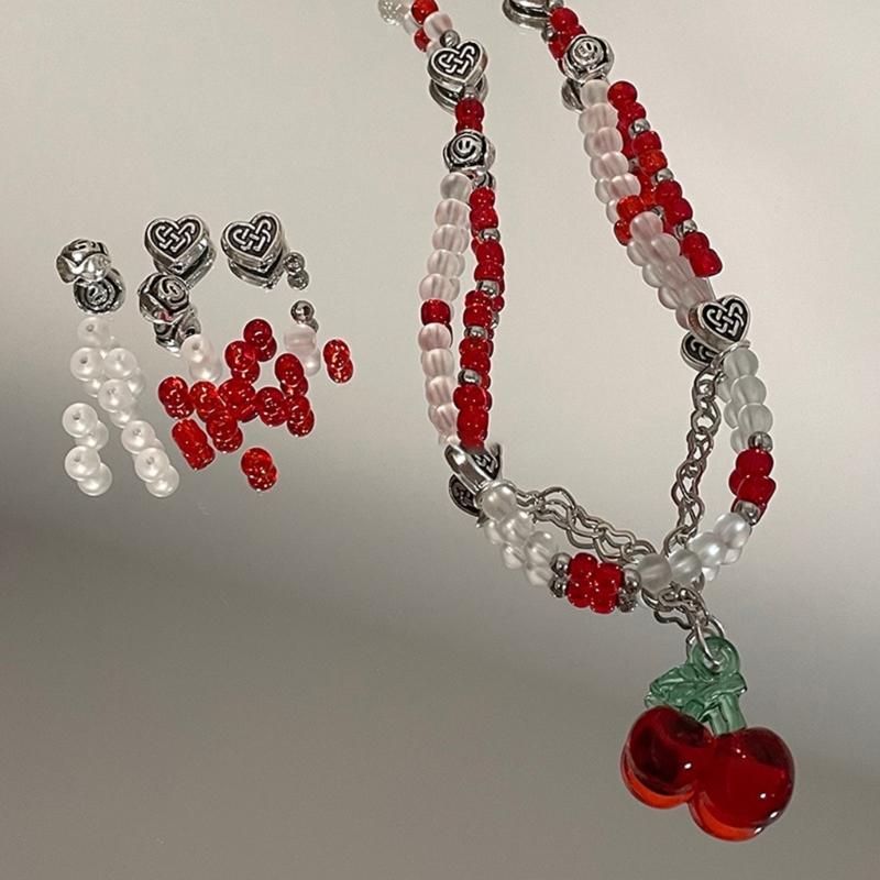Cute Fruit Cherries Chokers Necklaces For Women Girls Fashion Red White Bead Handmade Beaded Necklace Jewelry Gift