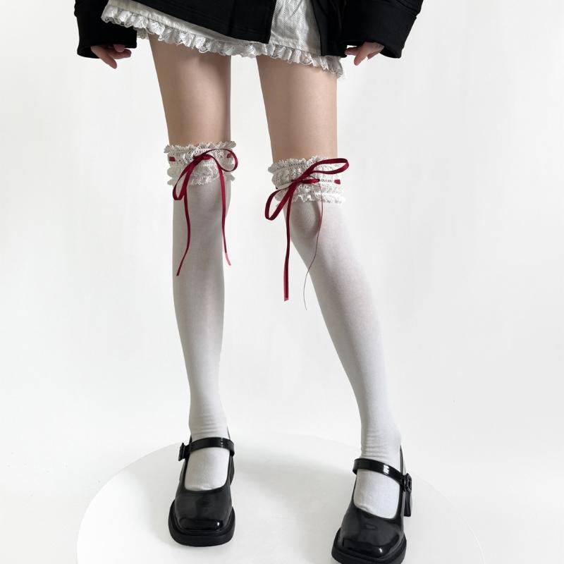 Fashionable Over The Knee Socks with Cute Ribbon Bowknot Stretchy Lace Trimmed Thigh High Long Stockings for Women
