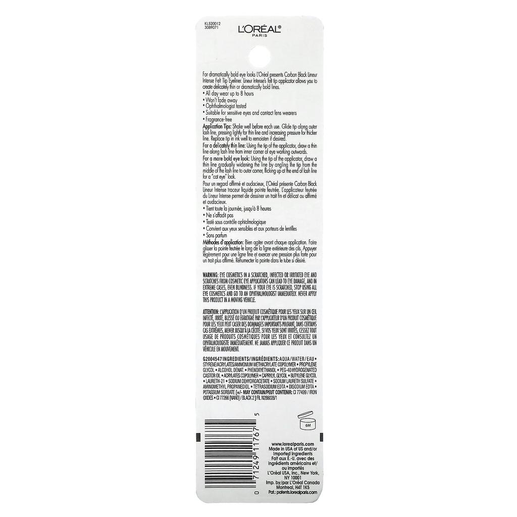 L'Oréal, Lineur Intense, Felt Tip Liquid Eyeliner, 690 Carbon Black, 0.05 Fl Oz (1.5 Ml)