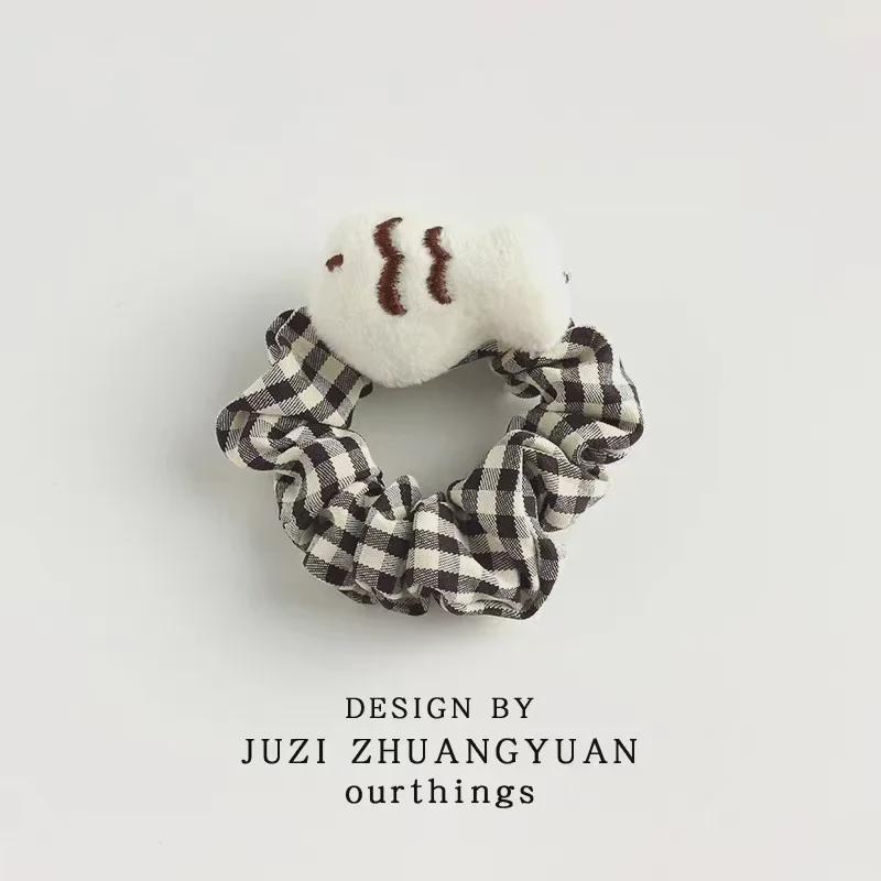 Sada kostkovaných čelenek a sponek do vlasů s kreslenou kočkou a rybičkou na podzim/zimu