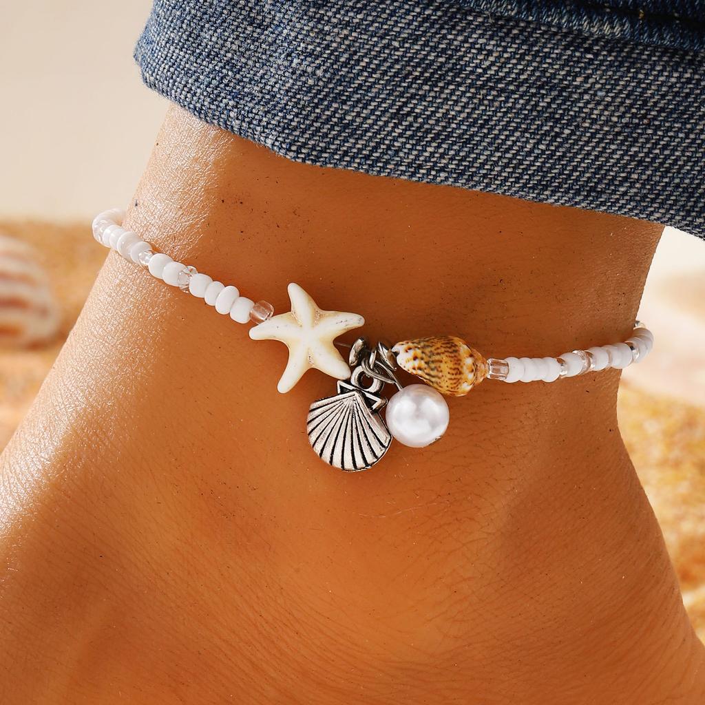 Amazon's new bohemian wind starfish shell conch rice bead anklet summer beach vacation wind
