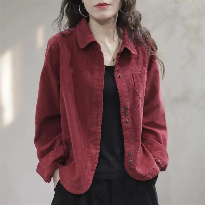 Women Lapel Collar Corduroy Shirt Coat Spring And Autumn Female Long Sleeved Cardigan Blouse Jacket Korean Ladies Blaus Top