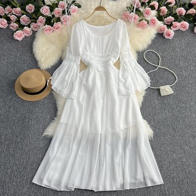 Women Elegant Solid Chiffon Long Dress Spring Round Neck Flared Sleeves High Waist Slim A-line Dresses