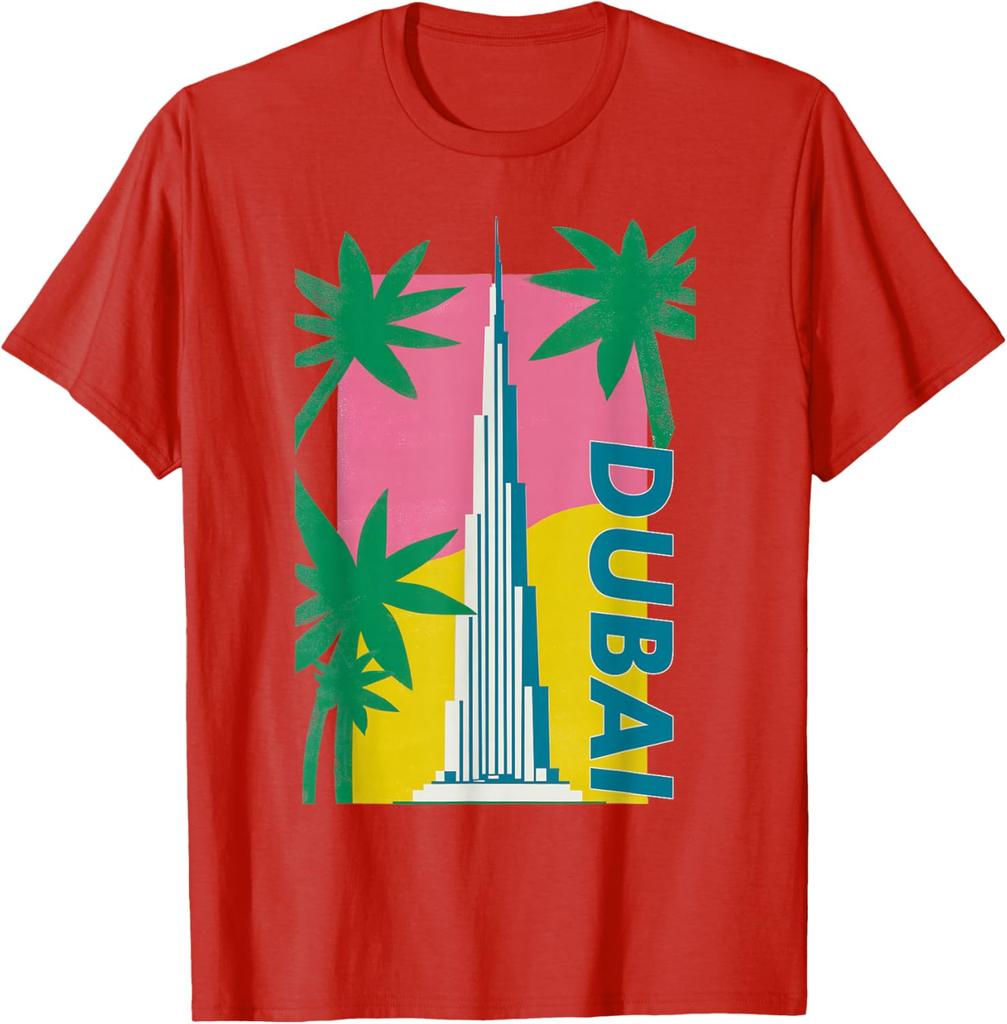 Dubai Burj Khalifa Palm Tree Retro Graphic Tee Men Casual Cotton TShirt