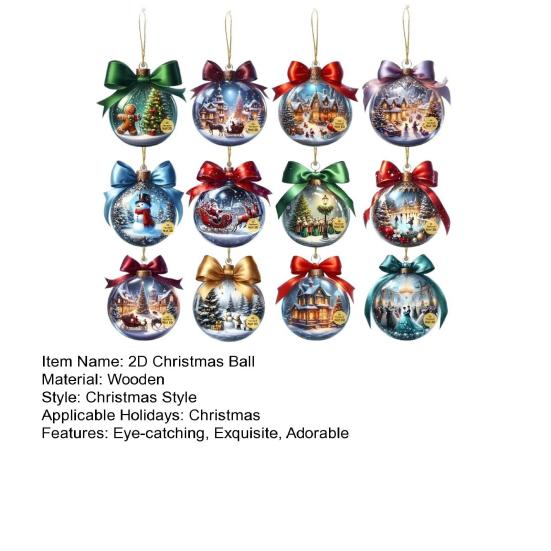 Boules de Noël 2D Ornements à Suspendre Boule en Bois Ornement d'Arbre de Noël avec Scène de Neige pour Décoration de Maison de Vacances d'Hiver Intérieure Extérieure