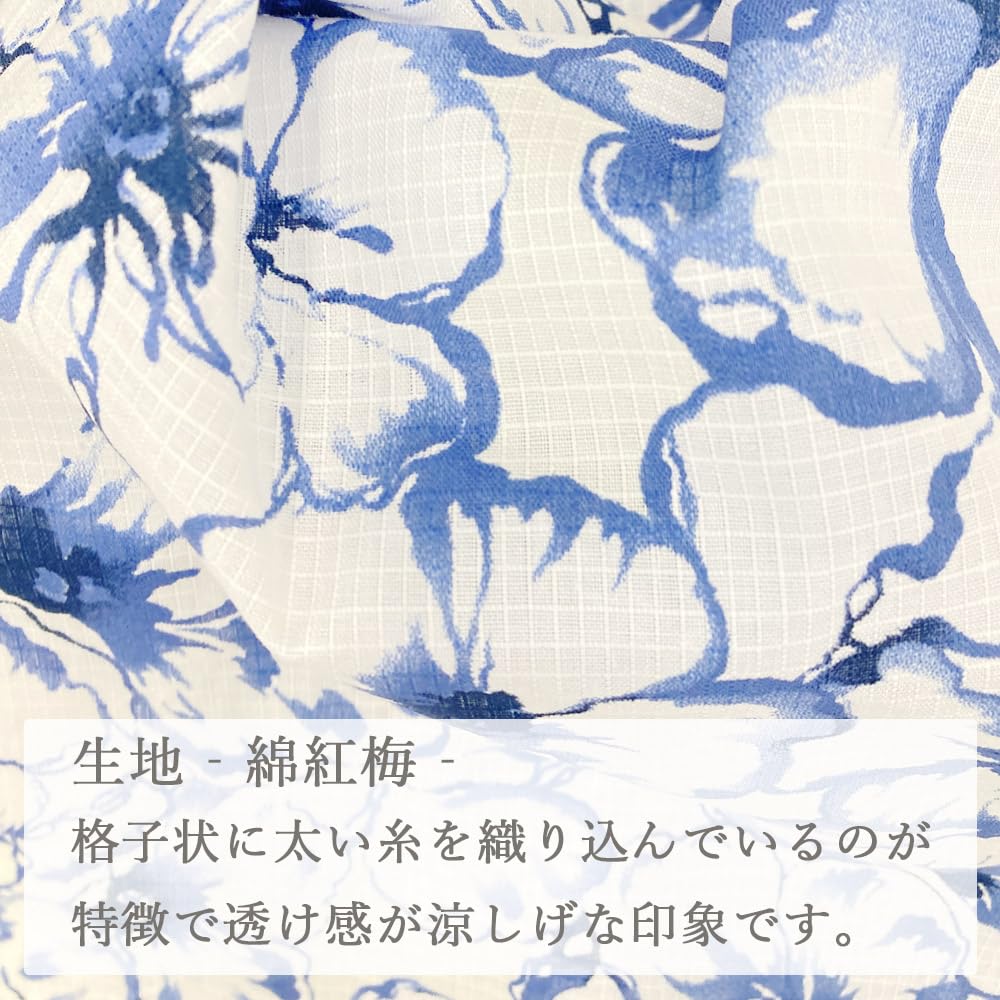 Kyoto Kimono Yuzen Women's Yukata Set with Obi, 2-Piece Set, Floral Print, Summer Kimono, Cotton Red Plum Blossoms (Gray)