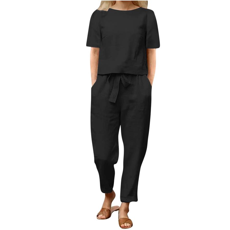 Women's Cotton Linen Summer Outfit Set - Half Sleeve Crew Neck Oversized Shirt Wide Leg Pants Retro Set