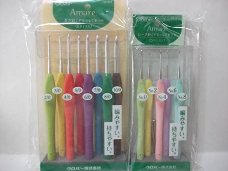 Clover Amure Crochet Hook Set and Lace Hook Set 2-piece Bundle Ergonomic Grip (Model 43-321/43-323)