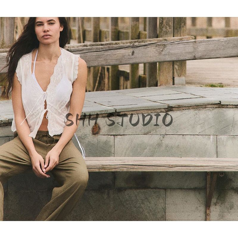 Spring and Summer New Women's Clothing Minimalist Wind Easiest for Match Bows Cotton Blend Embroidered V-neck Sleeveless Tops 0881017