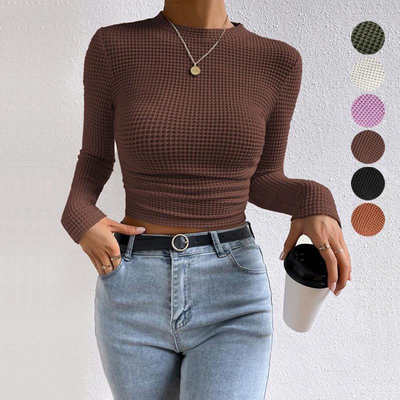 Women Solid Color Crew Neck Long Sleeve Slim Fit Casual Knit Shirt