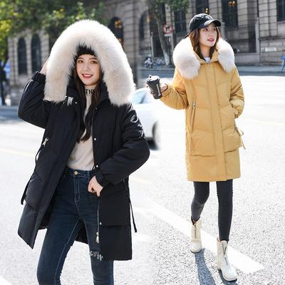 Mujer invierno con capucha cuello de piel sintética bolsillo grande Midi abrigo a prueba de viento chaqueta acolchada de algodón Parkas prendas de vestir abrigo