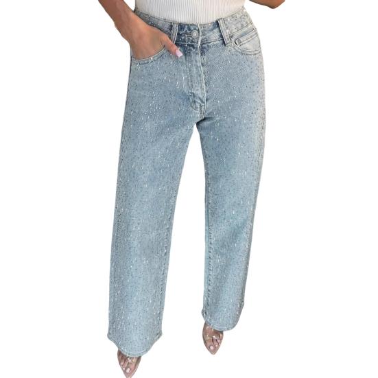 Faux Pearl Jeans for Women High Waist Straight Leg Stretch Denim Pants Casual Wide Leg Beaded Baggy Pants
