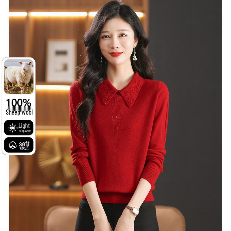SNOWFLYING Women s Embroidered Lapel Wool Pullover XL