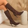 Vintage Braune Spitz zulaufende Stiletto-Absatz Hohe Stiefel Damen Kniehohe Oberschenkelhohe Stiefel Hoher Absatz Stapelabsatz Stiefel