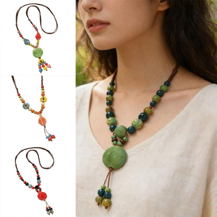 Delicate Ceramic Flower Beaded Necklace Handcrafted Retro Long Sweater Chain For Various Occasions
