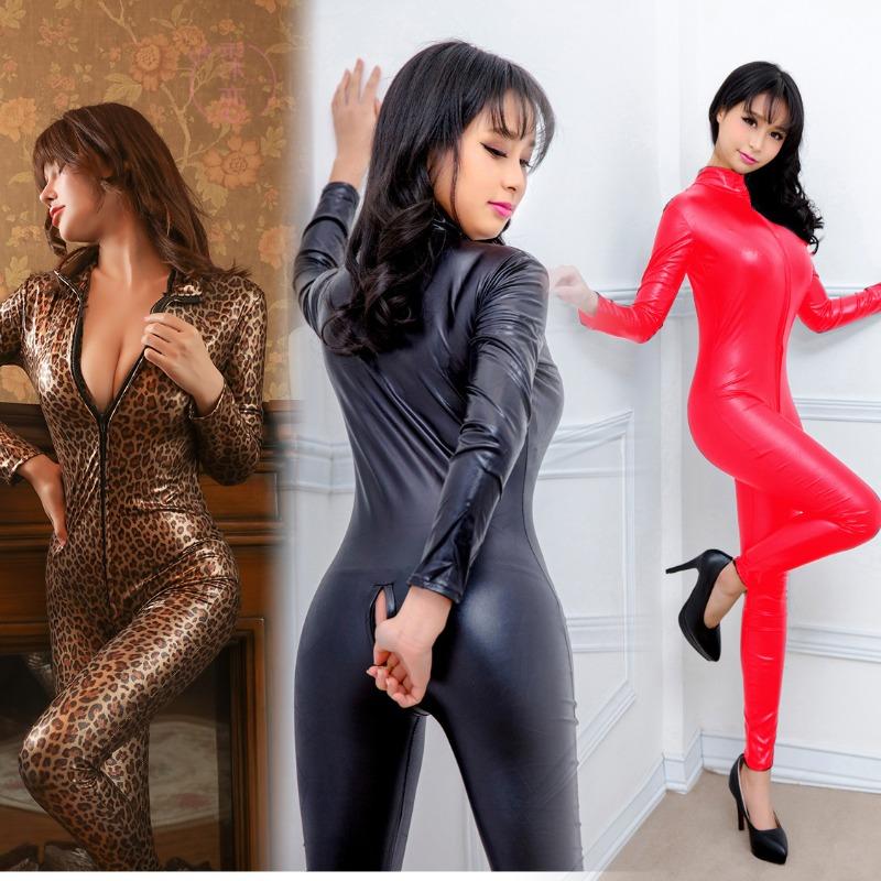 Sexy uniform one-piece zipper after opening tight leather jacket seduction open crotch showing milk patent leather workplace cosplay