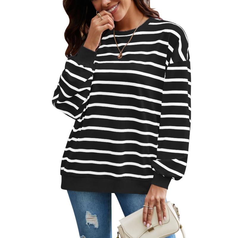 

Женская осенняя свободная повседневная толстовка с длинным рукавом в полоску большого размера XL чёрный