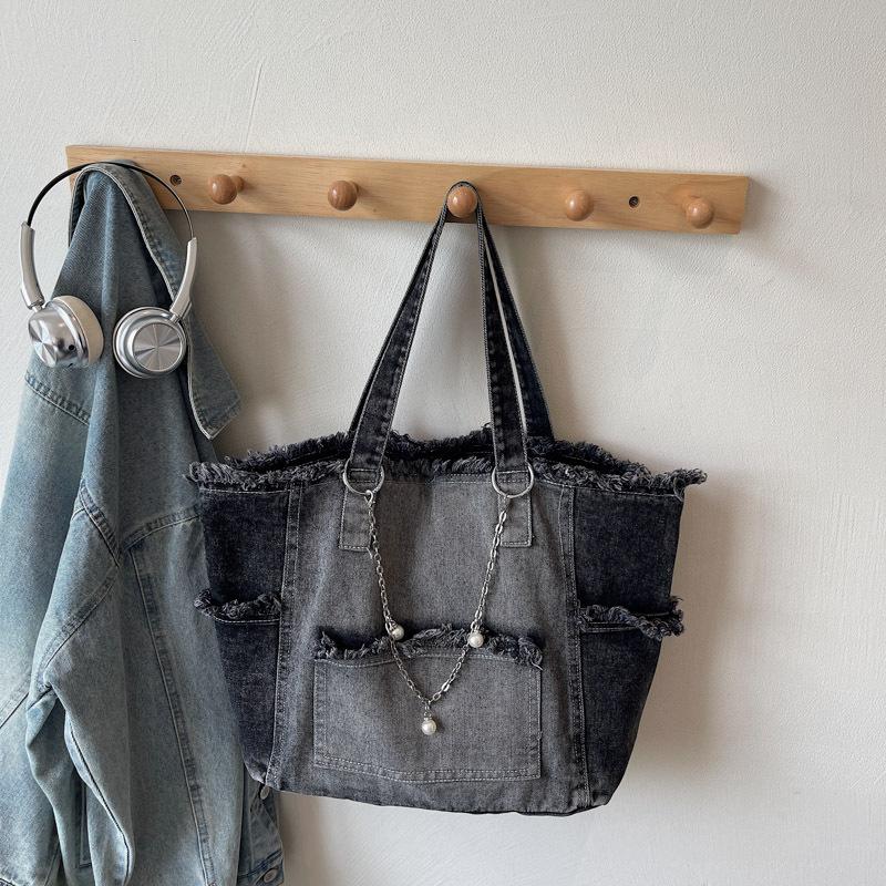 Korean Retro Washed Denim Tote Bag Women's Large-capacity Casual Shoulder Underarm Bag Lazy Wind Commuter Class Bag