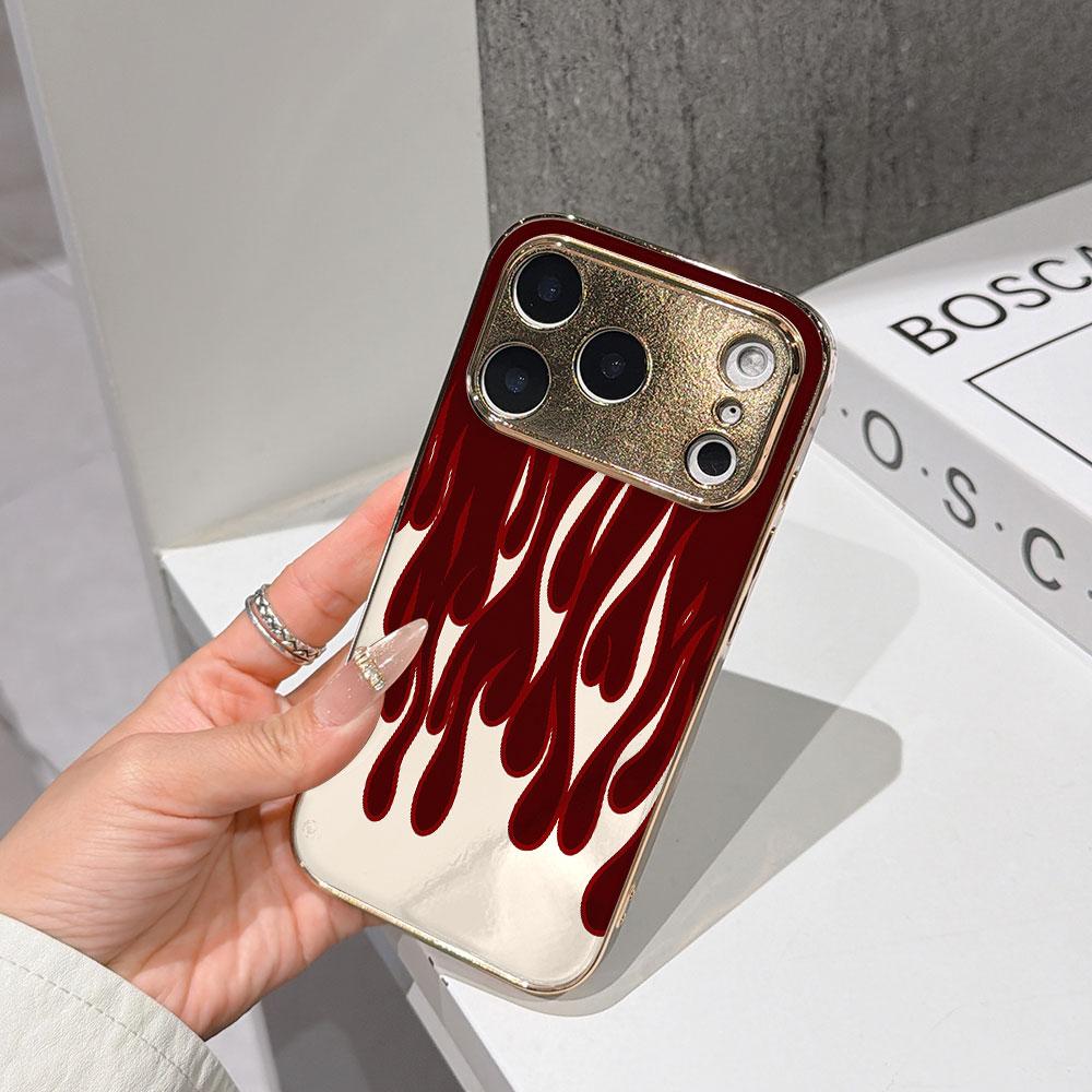 Lucky Start Phone Case For iPhone 17 16 15 14 13 12 11 Pro Max 16E Gold Electroplated glass shell  Burgundy Flames Cover IPHONE16PROMAX