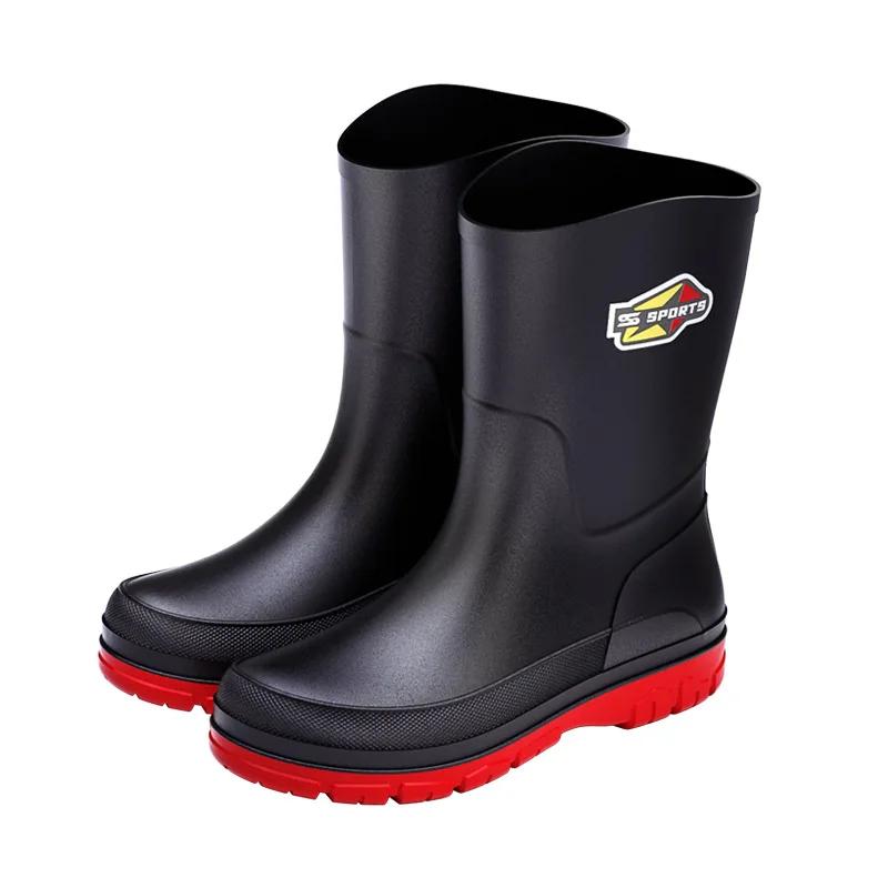 Men's Mid-Calf Rain Boots Pure Black Fishing Boots Slip-Resistant Large Size 39-48 Waterproof Rubber Shoes Eco-Friendly