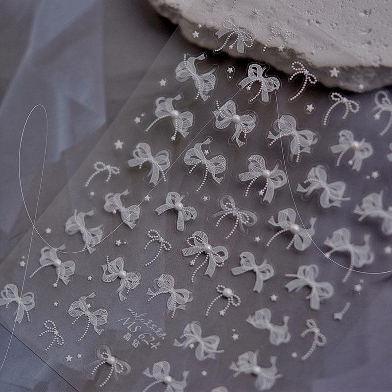 Autocollant pour ongles en forme de nœud en dentelle perlée avec diamants en relief, autocollant adhésif stéréoscopique à faire soi-même