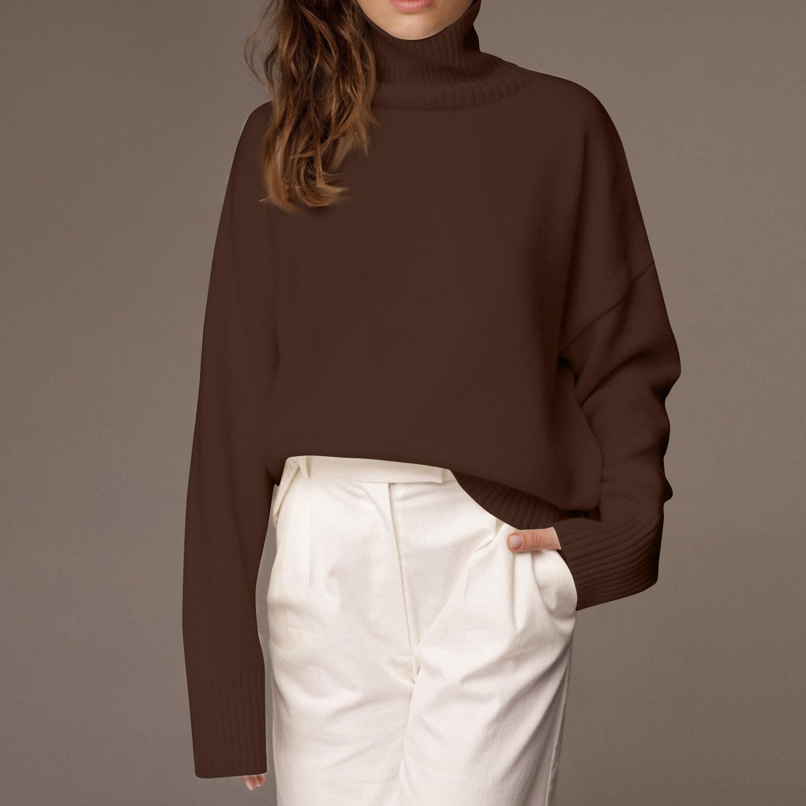 

Women s Fashion Loose High Neck Long Sleeve Knit Personality Solid Color Casual Sweater L кавовий