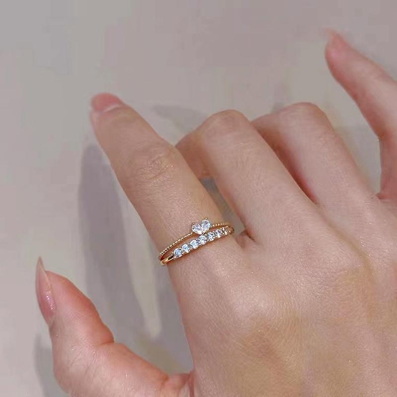 2PCS Trendy Zircon Heart Rings Set for Women Girl Korean Gold Color Adjustable Opening Finger Ring Bride Wedding Female Jewelry