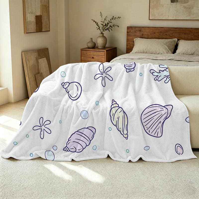 Lightweight Flannel Throw Blanket | Ocean Themed, Shell & Starfish Design - Soft Warm Cozy for Home Decor, Leisure, Christmas & Halloween