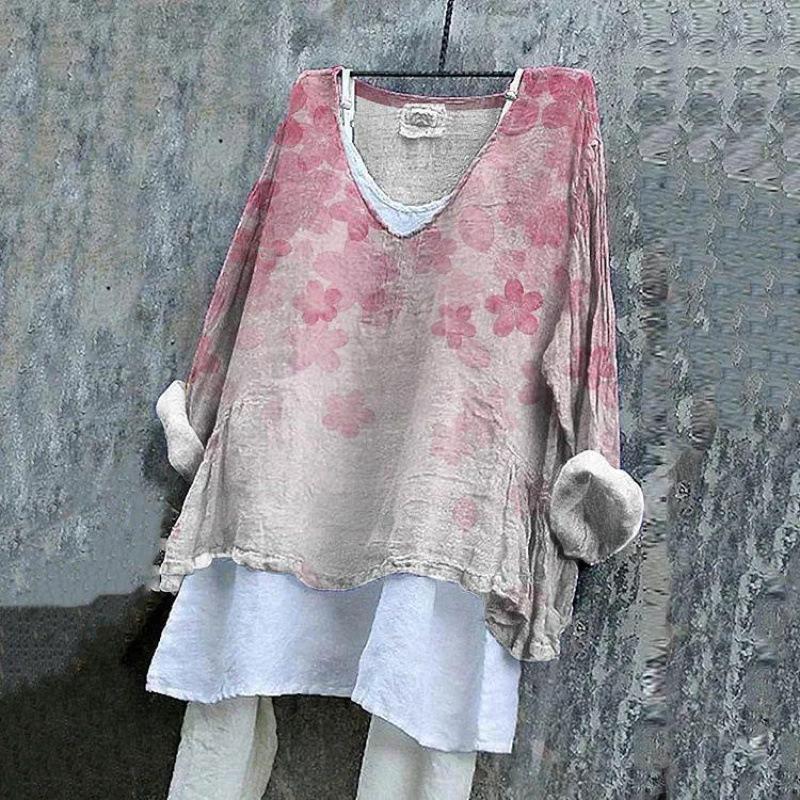Camicetta da Donna Scollo a V Manica Lunga Vestibilità Regolare Casual Stampa Floreale Camicia Boemia