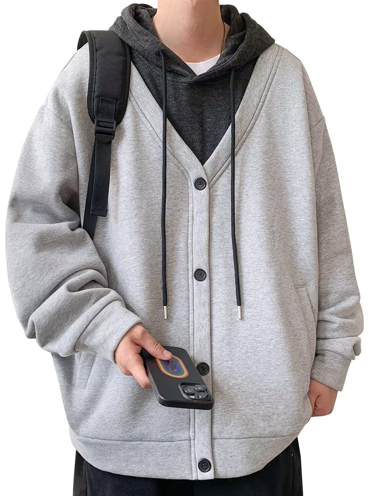 

Bligo Long Sleeve Solid Plus Layered with Loose Long Korean Everyday Men s Hoodie, Color, Sizes, V-Neck, Look, Pockets, Casual, Thick, Simple, Fit,
