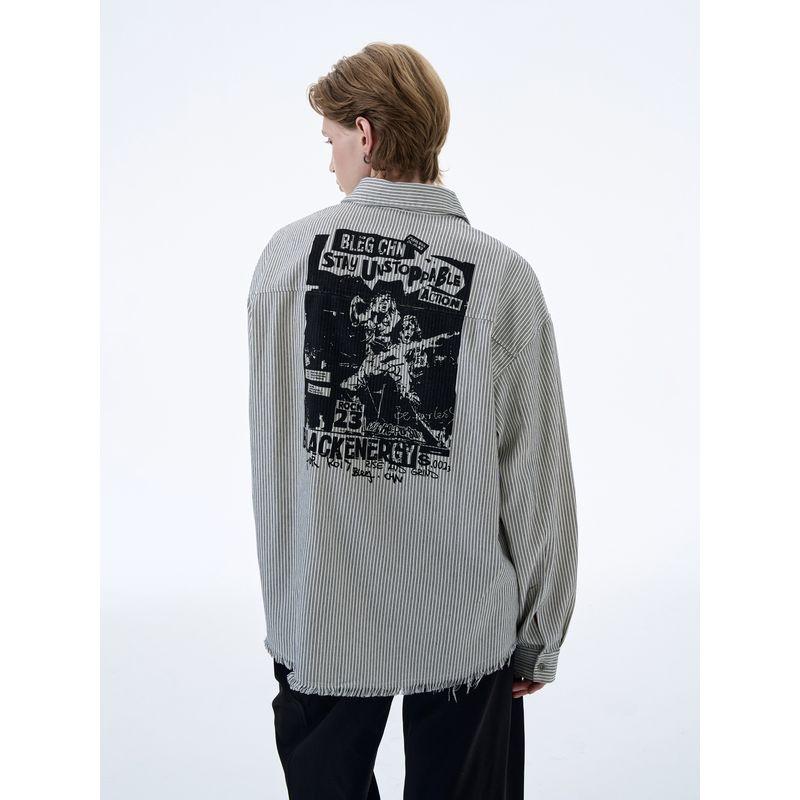 Kisko American Retro Stripesd Raw Edge Band Printed Long-Sleeved Shirt for Men and Women, High-End Silhouette Casual Shirt