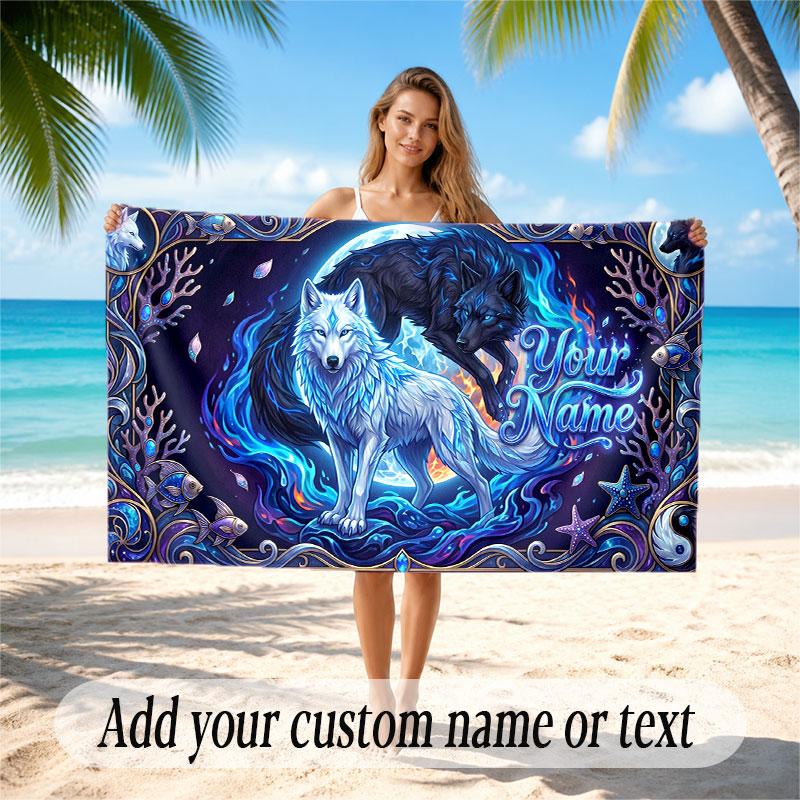 Wolf Theme Beach Towel Personalized Custom Name & Text Soft Quick Dry Beach Towel for Swimming Travel