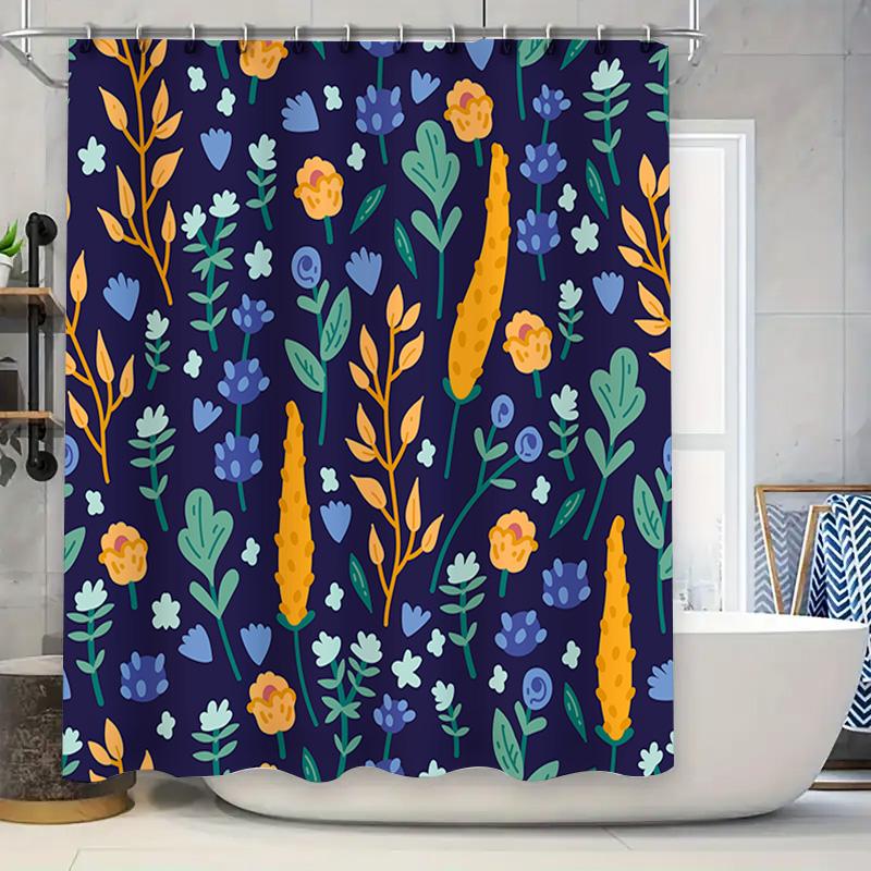 

Blue Floral Shower Curtain With Yellow Cactus Pattern For Bathroom Decor Waterproof Fabric Shower Curtain Available In Various S 90x180cm
