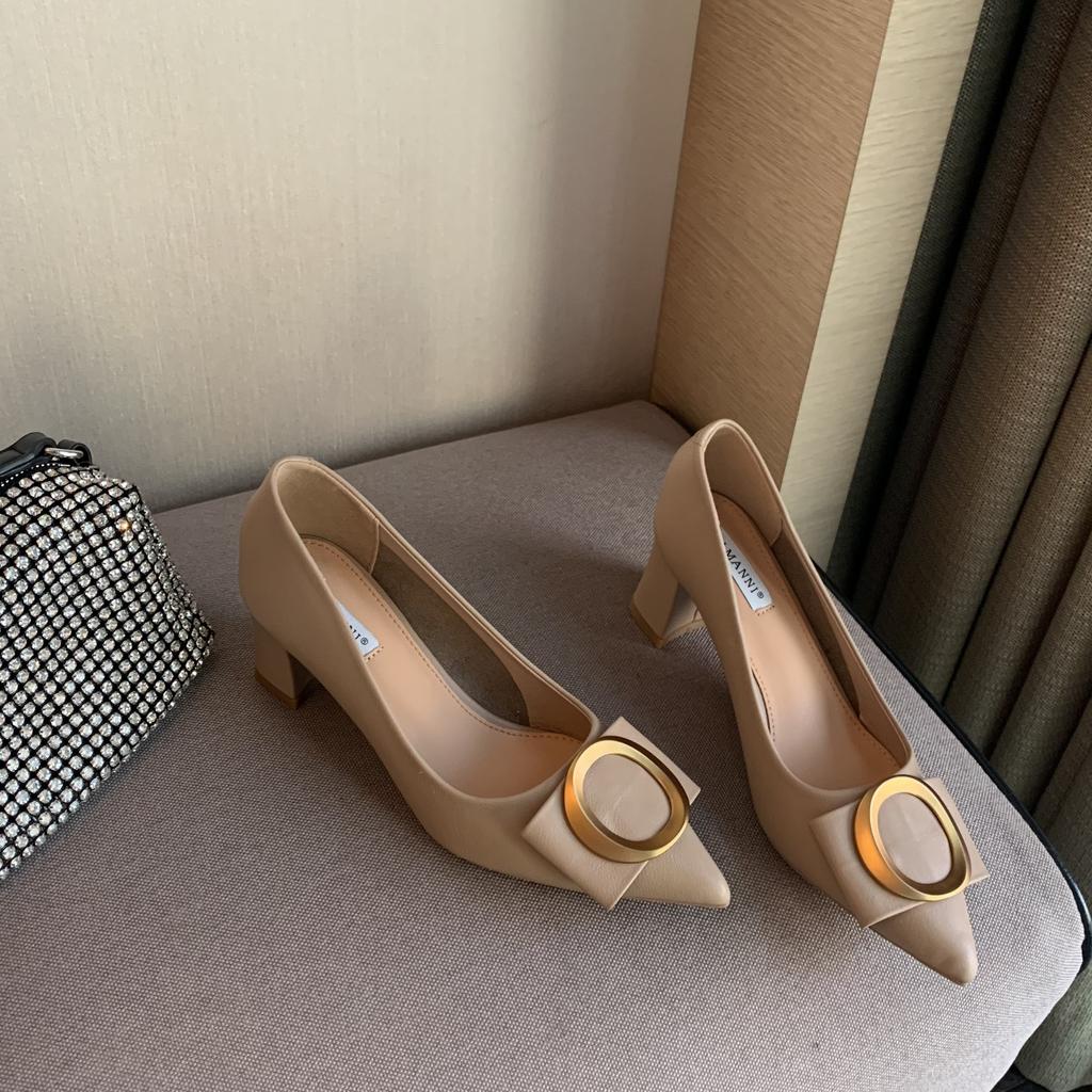 Luxury Brand Chunky High Heels Women Metalic Buckle Pumps Bowtie Shoes Ladies Wedges Slip On Mary Jeans Bridesmaid Wedding Shoes