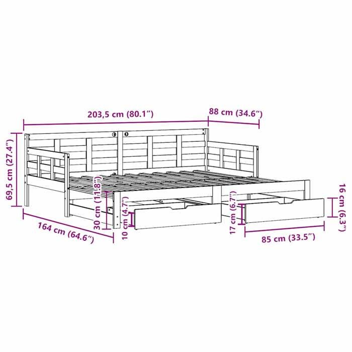 VidaXL Lit de jour et lit gigogne et tiroirs 80x200 cm bois pin massif, canapé-lit, lit d'invité, lit de jour en bois, lit 3302258