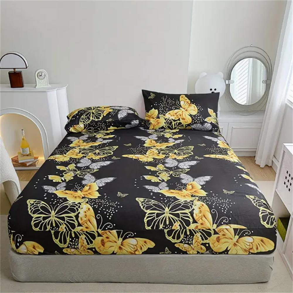 3pcs Butterfly Print Bedding Set - Ultra-Soft, Breathable, Stain-Resistant Fitted Sheet and 2 Pillowcases, Deep Pocket Design