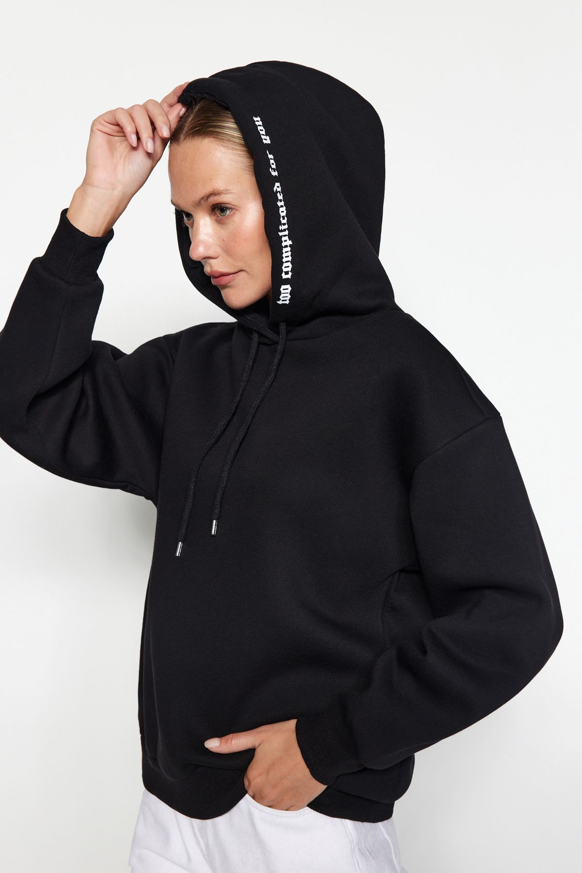 

Women s Fashionable Stylish Sweatshirt Black Hooded Slogan Printed Oversize Wide Cut Knitted Sweatshirt L
