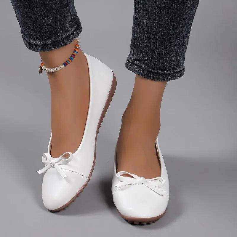 

2024 универсальные женские туфли с круглым носком, туфли на плоской подошве с бантом, весенние мокасины с неглубоким носком, новая модная повседневная обувь на мягкой подошве 42 белый