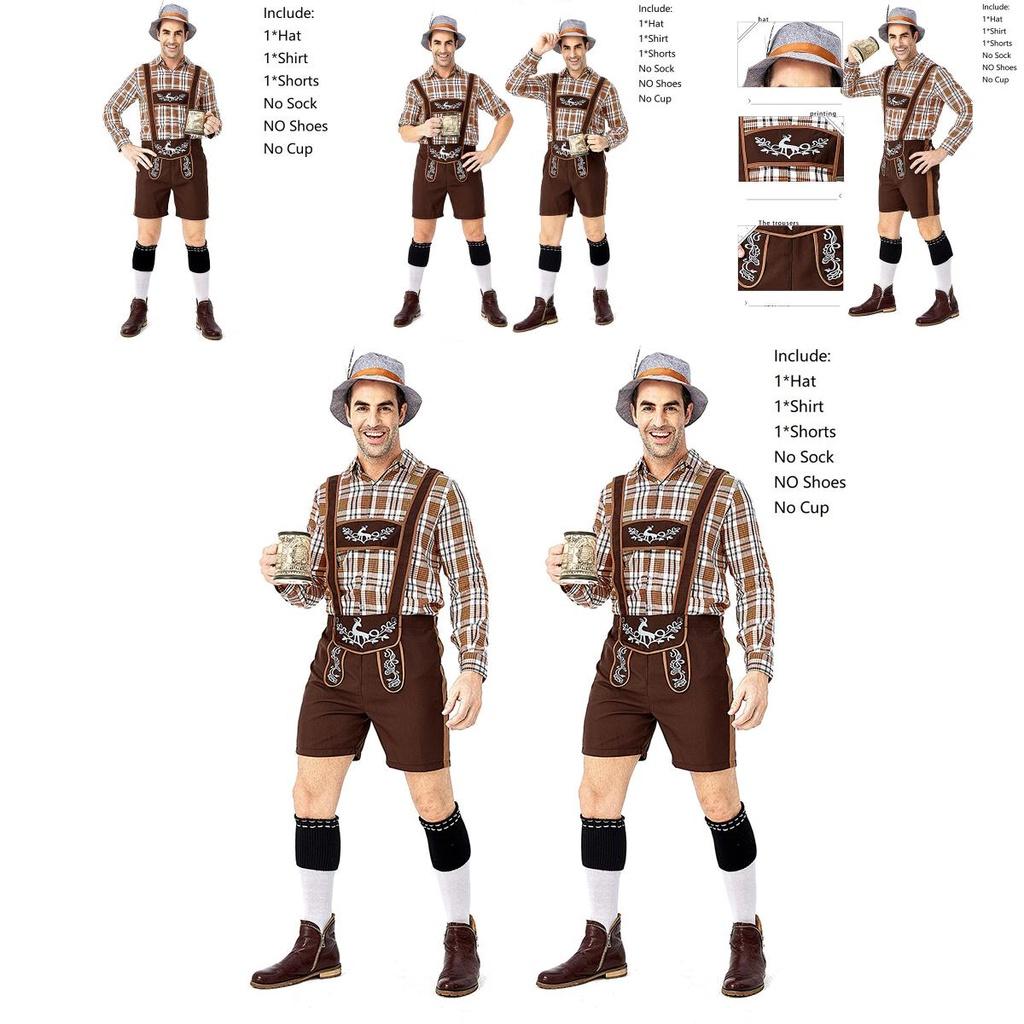 Stylish German Oktoberfest Clothing Men Fawn Print Khaki Plaid Costume Set