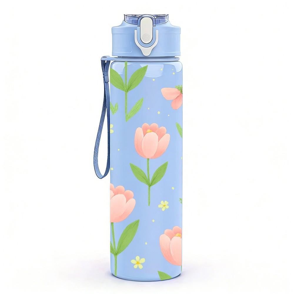 1PC Soft Pink Tulip Floral Seamless Print 750ml Color Plastic Sports Water Bottle Leakproof Flip Straw Lid Suitable for Sports Office Home Use