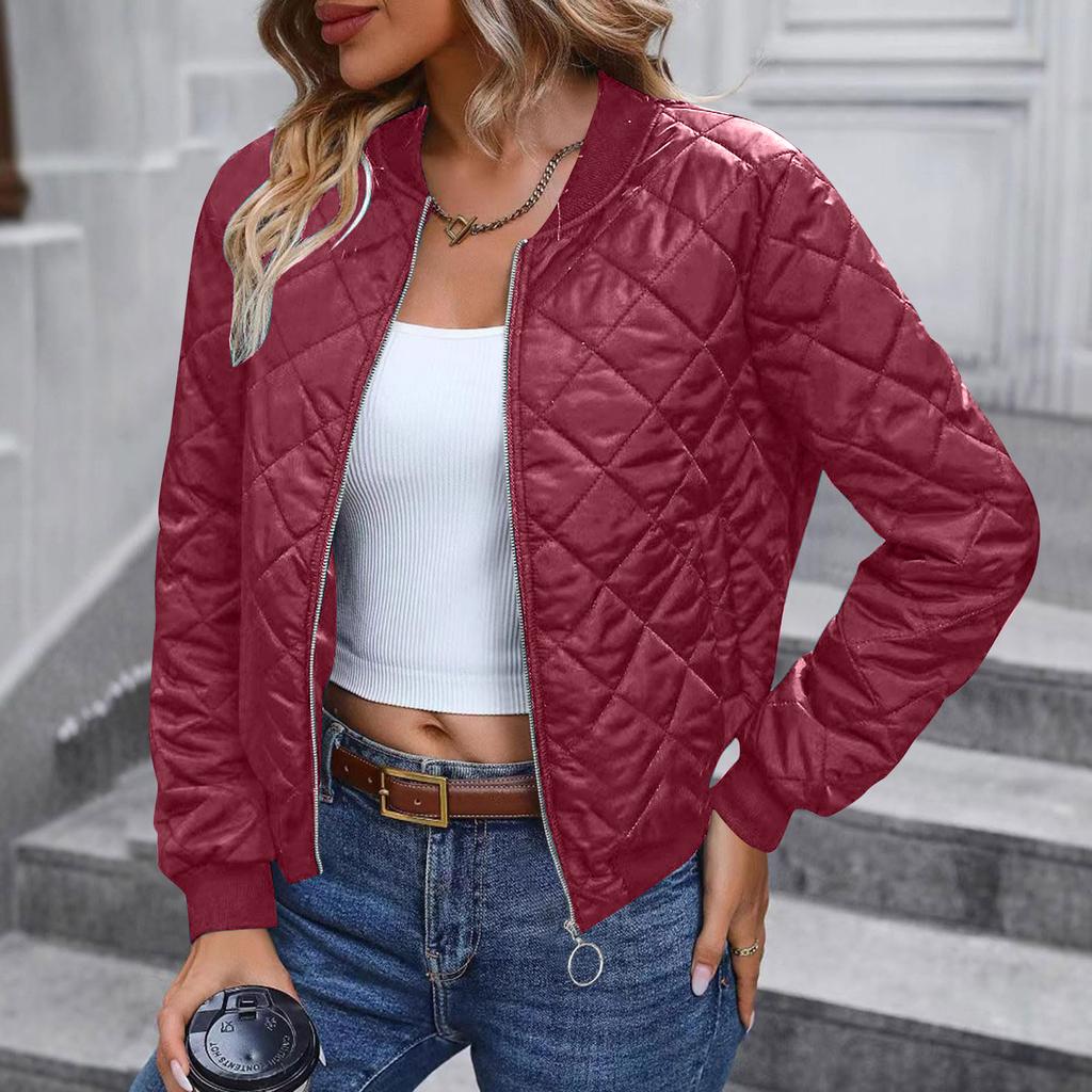 Ladies Zipper Long Sleeve Stand Collar Check Slim Baseball Padded Top Blouse Jacket Coat