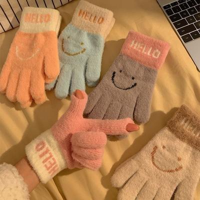 Warme Handschuhe für Damen im Winter Touchscreen Plüsch Smiley-Gesicht mit Fingern und Fleece Niedlich Fünf Finger Schüler Fahrradfahren Um Kaltem Wind Vorzubeugen
