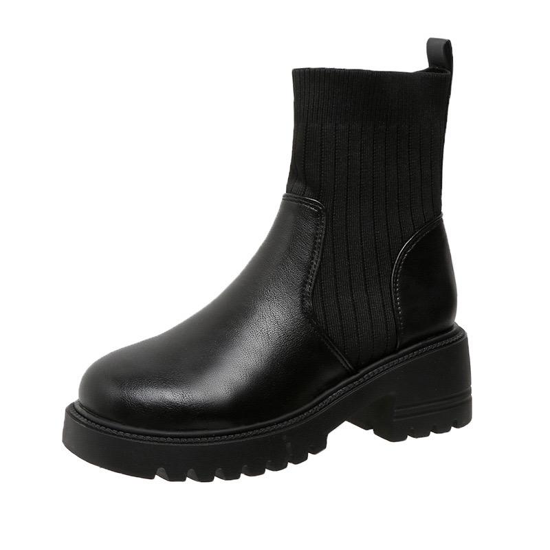 Large Size Women's Boots  New Fashionable Knitted Patchwork Fashion Boots Thick Sole Thick Heel Slimming Short Boots