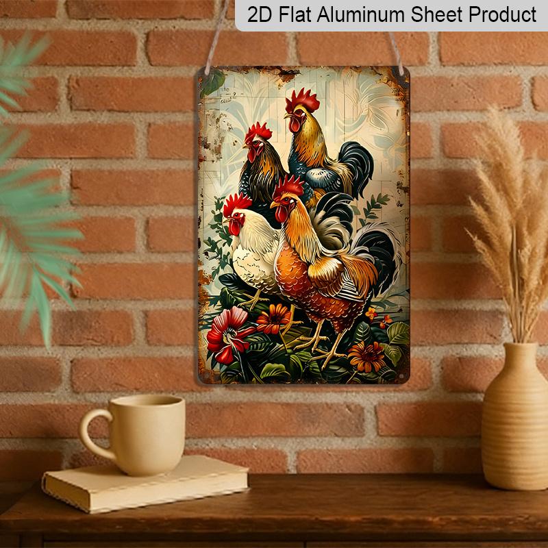 2D Flat, 1pc Vintage Rooster Metal Sign - 8x12 Inch Rustic Aluminum Wall Art with 3 Roosters & Floral Design, Indoor/Outdoor Decorative Hanging Plate