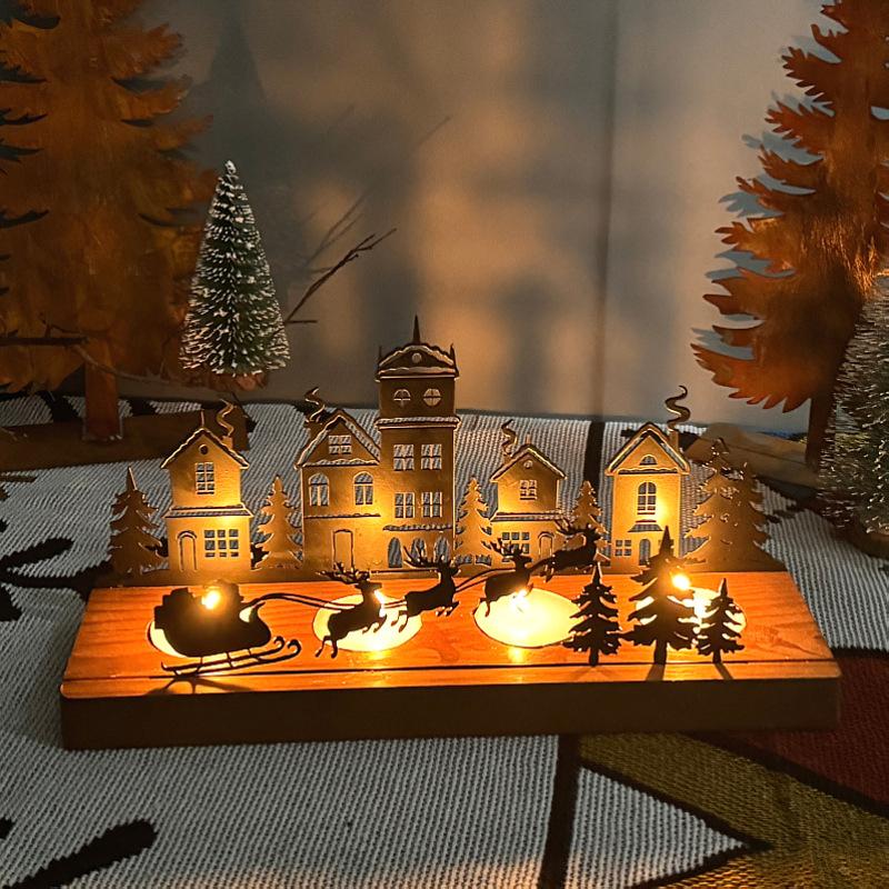 1PC Metal Rustic Wooden Holiday With Reindeer Design Festive Black Silhouette Candlesticks Desk Top Decor 2 Sizes