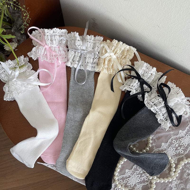 1 Pair Sweet Lace Bow Ribbon Kids Girl Sock Elegant Fashion Princess Ruffle Sock for Children Spring Summer Soft Cotton Sock