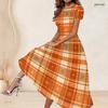 Women Plus Size Round Neck Short Sleeve Printed Gathered Waist A Line Long Dress